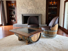 Load image into Gallery viewer, Whiskey &amp; Wine Barrel Coffee Table — Glass Top, Hidden Storage