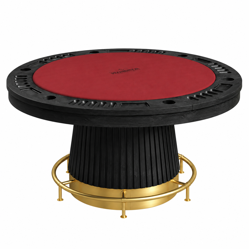 Prohibition 60” Round Poker Table with Faux Leather Playing Surface - Matte Black & Brass