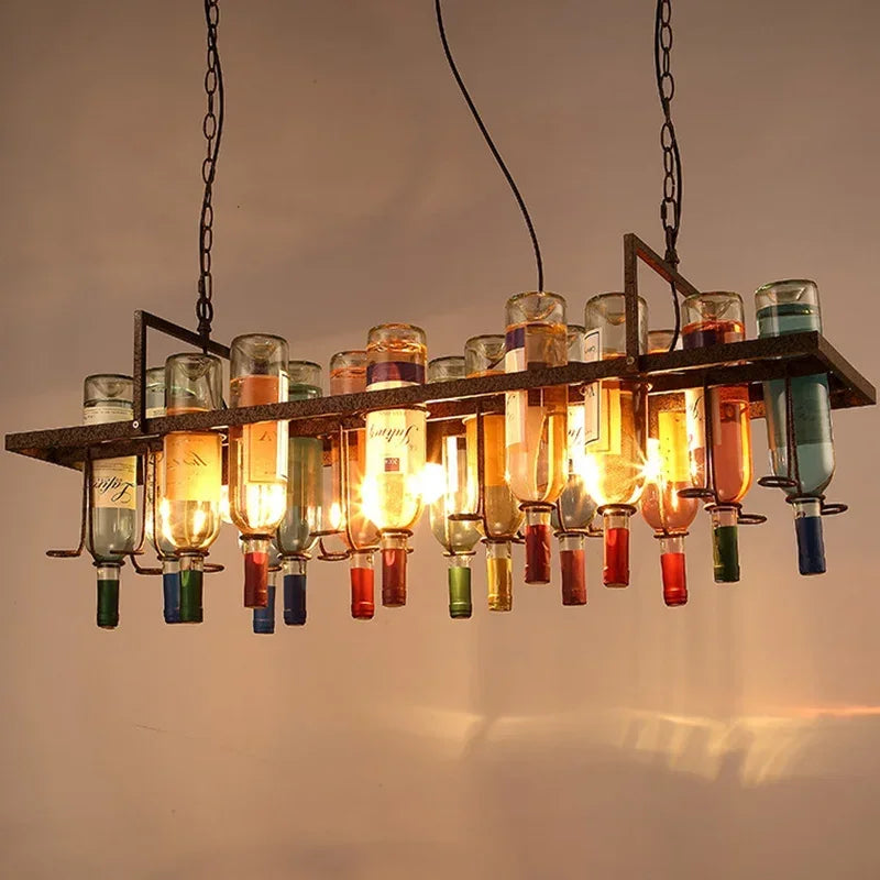 Industrial Wine Bottle Chandelier – 8-Light Metal Bar Pendant