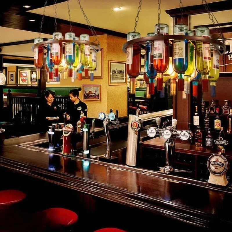 Industrial Wine Bottle Chandelier – 8-Light Metal Bar Pendant