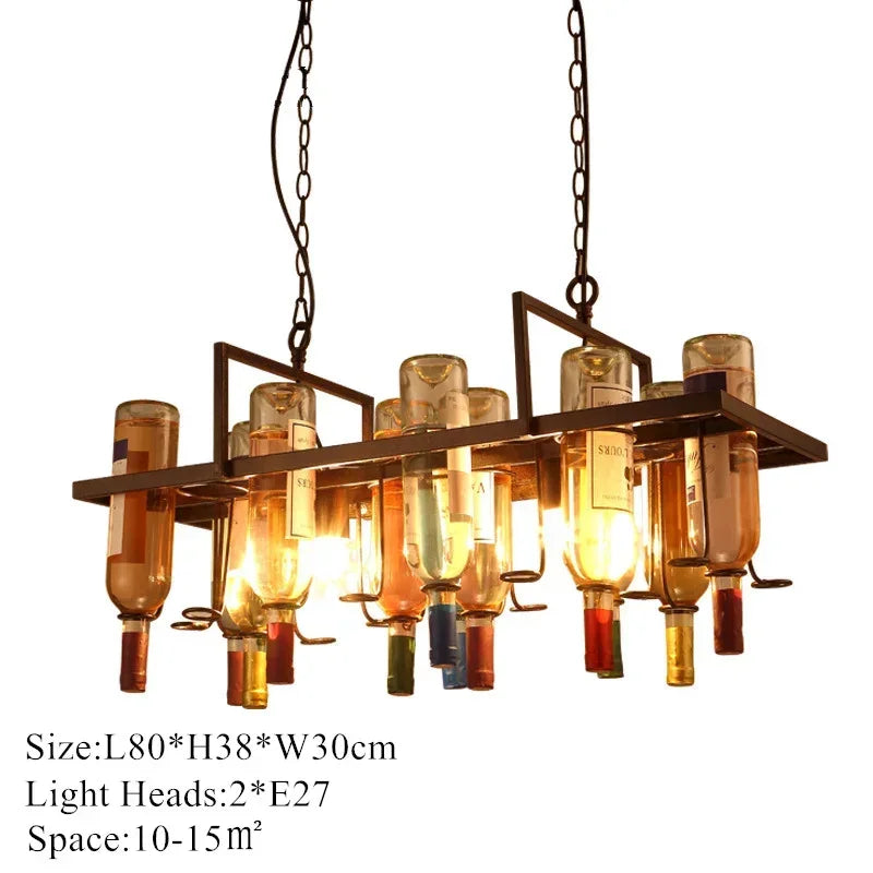 Industrial Wine Bottle Chandelier – 8-Light Metal Bar Pendant