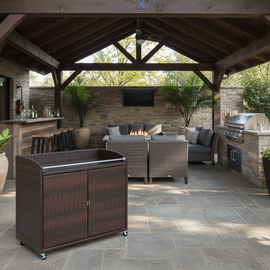 Outdoor Rolling Bar Cabinet – UV-Resistant Wicker Patio Storage Cart