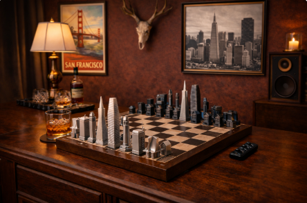 San Francisco Skyline Chess Set – Stainless Steel Luxury Mancave Edition