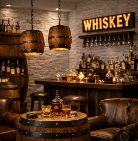 Rustic Whiskey Barrel Pendant Light – Luxury Wood Hanging Lamp for ManCave Bar