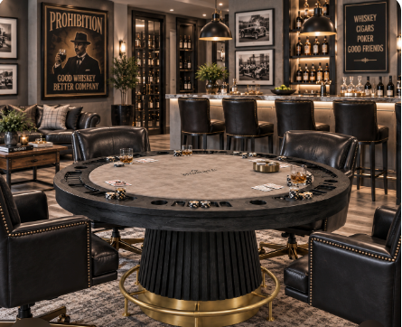 Prohibition 60” Round Poker Table with Faux Leather Playing Surface - Matte Black & Brass