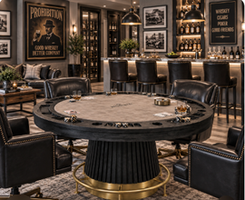 Prohibition 60” Round Poker Table with Faux Leather Playing Surface - Matte Black & Brass