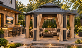 [13X15FT] Double-Tier Hexagonal Metal Hardtop Patio Gazebo With Curtains (SAK84137)
