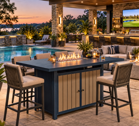 East Beach - Rectangular Bar Table With Fire Pit - Blue
