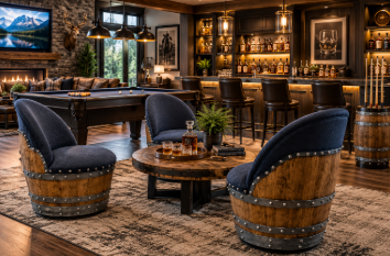 Whiskey & Wine Barrel Lounge Chair — Hidden Storage, Memory Foam, Blue Denim Upholstery (Limited)