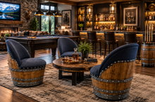 Load image into Gallery viewer, Whiskey &amp; Wine Barrel Lounge Chair — Hidden Storage, Memory Foam, Blue Denim Upholstery (Limited)