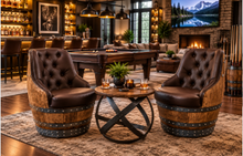 Load image into Gallery viewer, Luxury Whiskey &amp; Wine Barrel Captain Chair Corner Set — Two Chairs &amp; Corner Table (October Pre-Order)