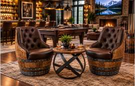 Luxury Whiskey & Wine Barrel Captain Chair Corner Set — Two Chairs & Corner Table (October Pre-Order)