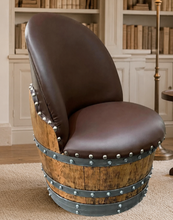 Load image into Gallery viewer, Whiskey &amp; Wine Barrel Armchair with Hidden Safe — Memory Foam, Brown Upholstery