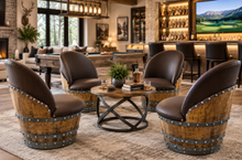 Load image into Gallery viewer, Whiskey &amp; Wine Barrel Armchair with Hidden Safe — Memory Foam, Brown Upholstery