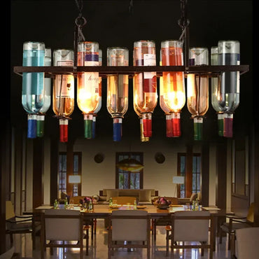 Industrial Wine Bottle Chandelier – 8-Light Metal Bar Pendant