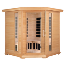Load image into Gallery viewer, Blisspod | Vienna | Corner Spacious Far Infrared Sauna | Canadian Hemlock Wood | Ultra Low EMF | 12 Heaters | 4-5 Persons
