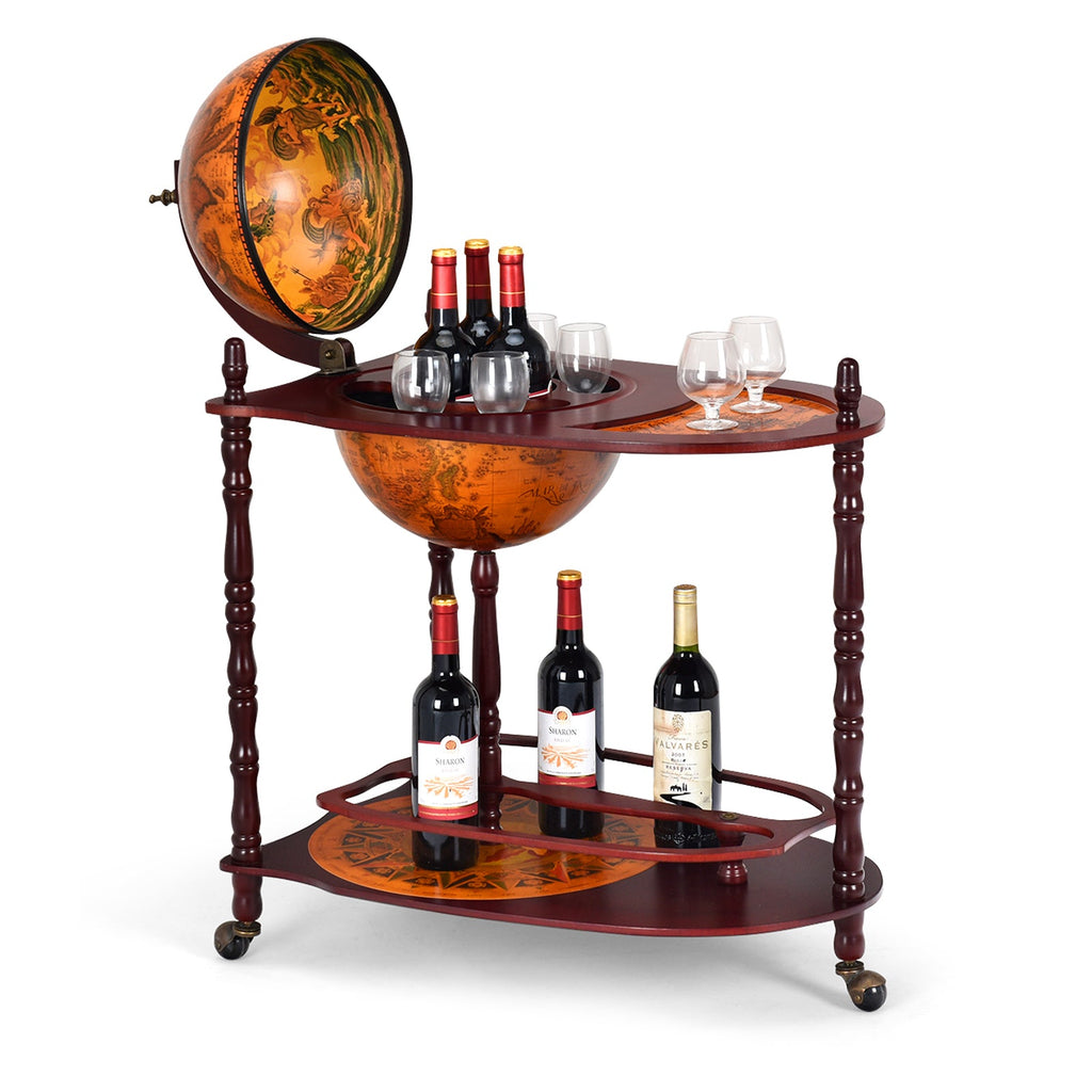 Vintage Globe Bar Cart – Antique World Map Liquor Cabinet with Storage Shelf
