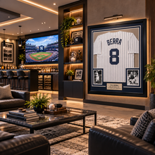 Load image into Gallery viewer, Yogi Berra Signed New York Yankees Jersey – 35 x 39 Inch Framed Display with JSA COA
