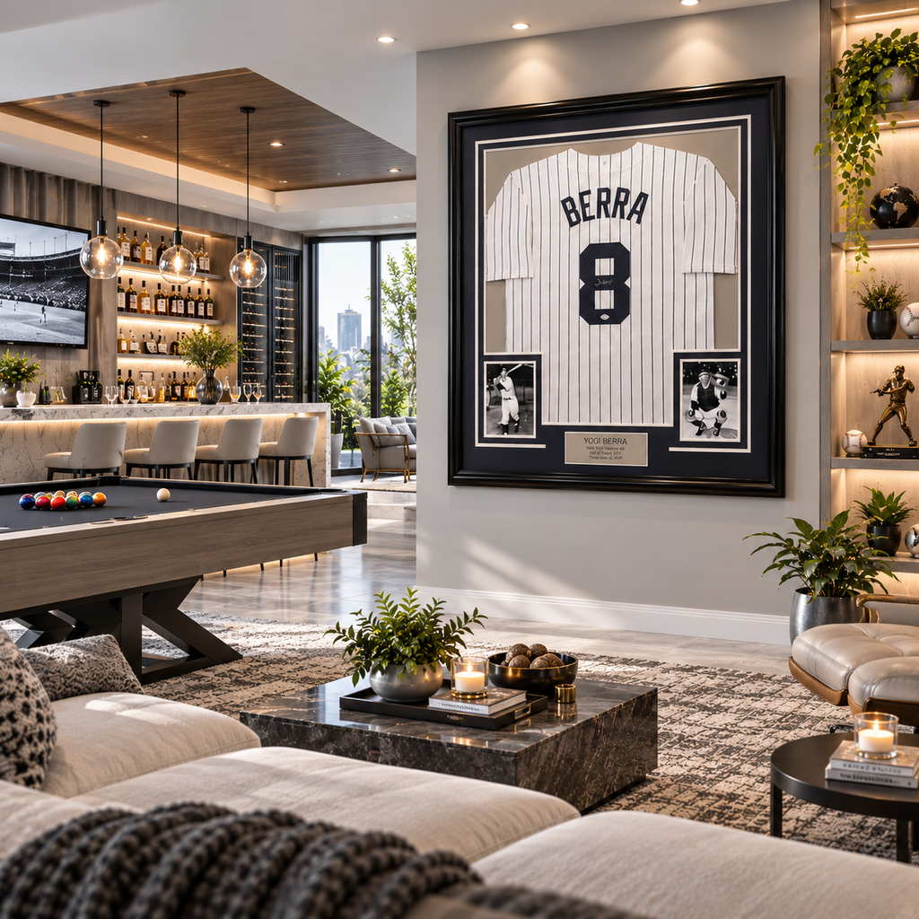 Yogi Berra Signed New York Yankees Jersey – 35 x 39 Inch Framed Display with JSA COA