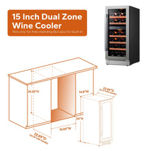 Load image into Gallery viewer, 15 Inch Wine Fridge, 28 Bottle Dual Zone Wine Cooler Refrigerator with Glass Door for Home/Office, Built-In &amp; Freestanding