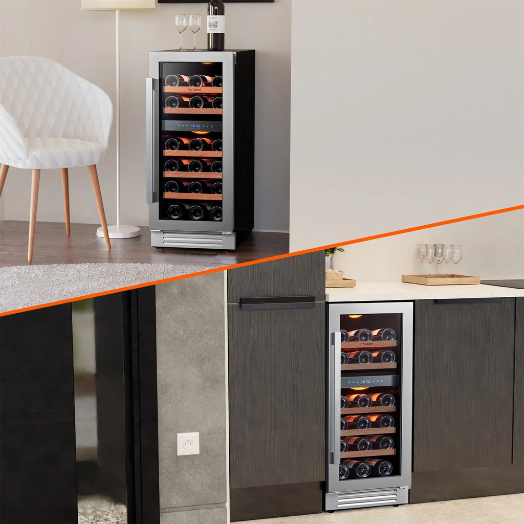 15 Inch Wine Fridge, 28 Bottle Dual Zone Wine Cooler Refrigerator with Glass Door for Home/Office, Built-In & Freestanding