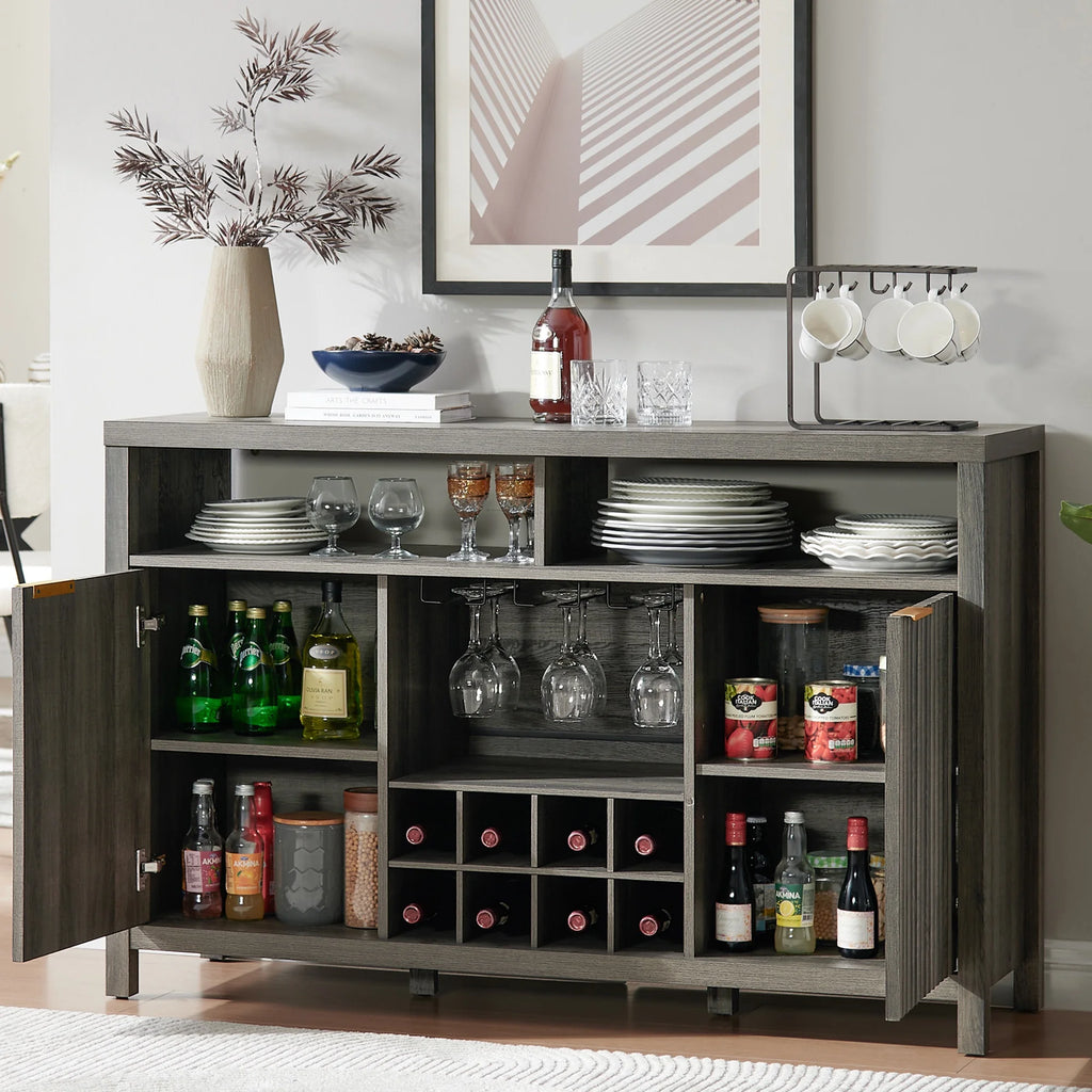 Bar Cabinet with Wine Rack, Wine Bar Buffet Cabinet with Storage, Liquor Bar Buffet Sideboard, Midnight Oak