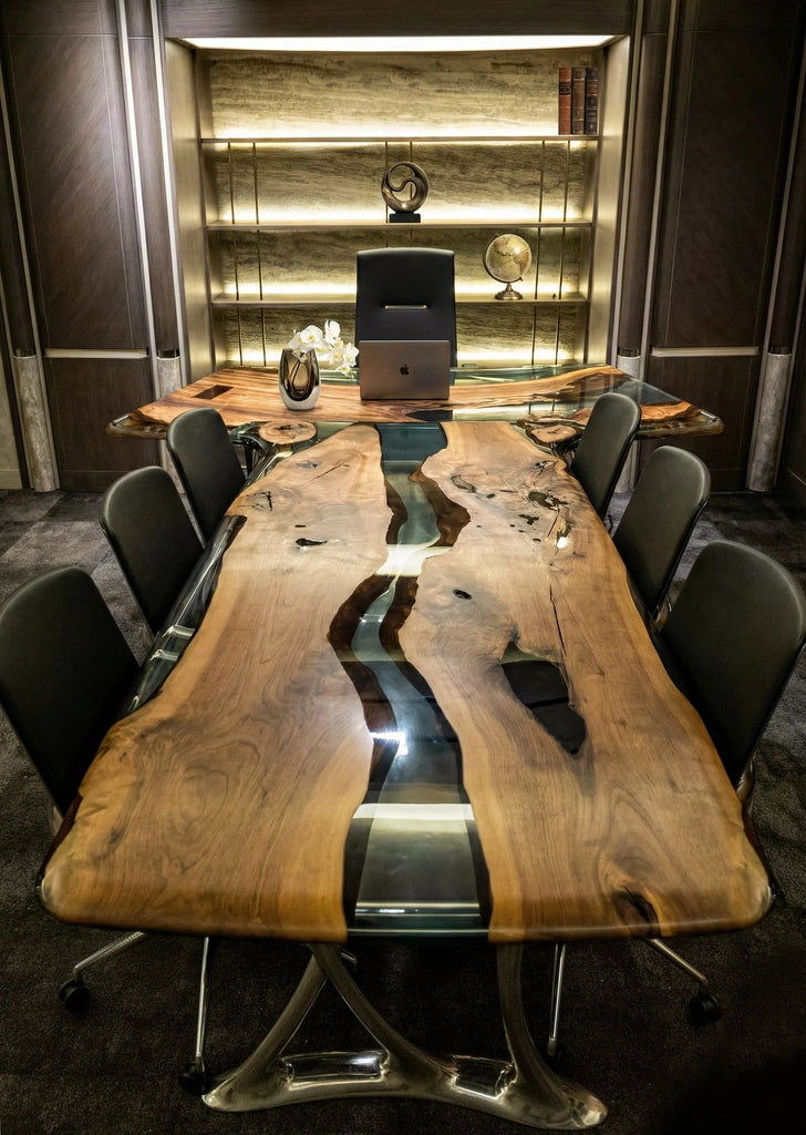 Luxury D-Shaped Walnut & Epoxy Executive Desk