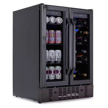 Load image into Gallery viewer, 24 In.18 Bottles 60 Cans Built-In Dual Zone Beverage and Wine Cooler in Black Stainless Steel with French Doors and Lock