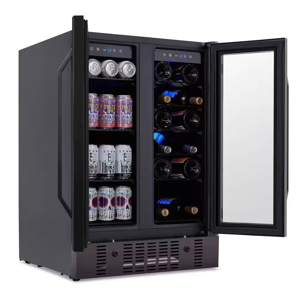 24 In.18 Bottles 60 Cans Built-In Dual Zone Beverage and Wine Cooler in Black Stainless Steel with French Doors and Lock
