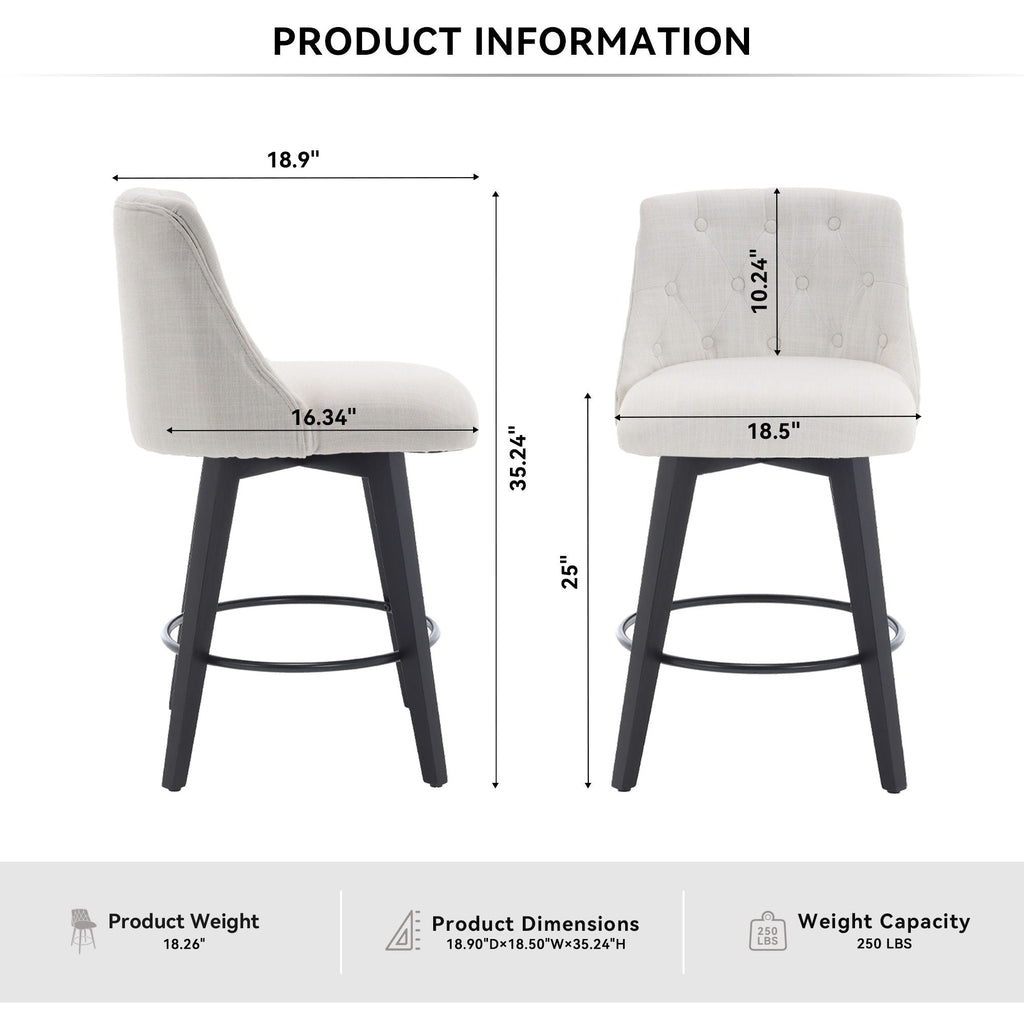 25-Inch Swivel Counter Height Bar Stools With Tufted Back – Set of 2