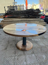 Load image into Gallery viewer, Custom Round Epoxy Resin Walnut Dining - Kitchen Table With Wood Base