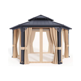 [13X15FT] Double-Tier Hexagonal Metal Hardtop Patio Gazebo With Curtains (SAK84137)