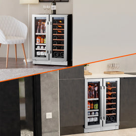 24 Inch Wine and Beverage Refrigerator, Hold 60 Cans and 21 Bottles Dual Zone Wine Fridge with Glass French Door, Built-In or Freestanding