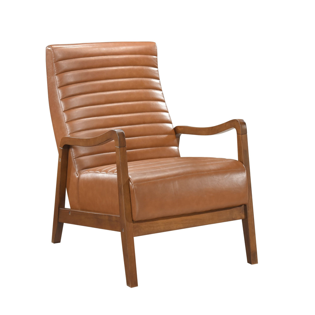 Brown Faux Leather Accent Chair – Modern Walnut Rubberwood Lounge Chair