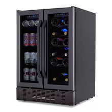 Load image into Gallery viewer, 24 In.18 Bottles 60 Cans Built-In Dual Zone Beverage and Wine Cooler in Black Stainless Steel with French Doors and Lock