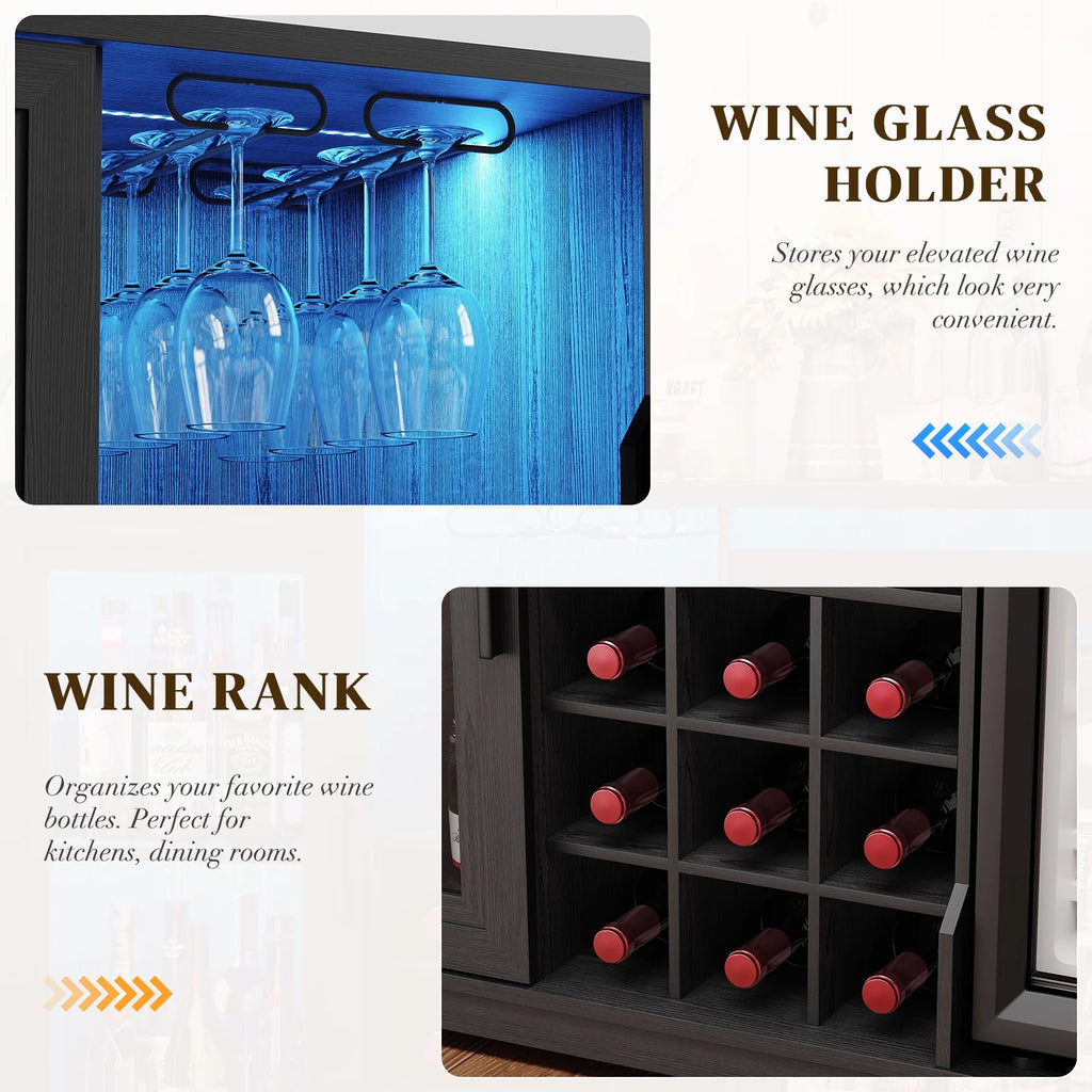 Wine Bar Cabinet with LED Lights & Fridge(Lncluded), Mini Fridge Cabinet with Wine Storage, Human Body Sensor, Sideboard Buffet for Kitchen Dining Room, Black