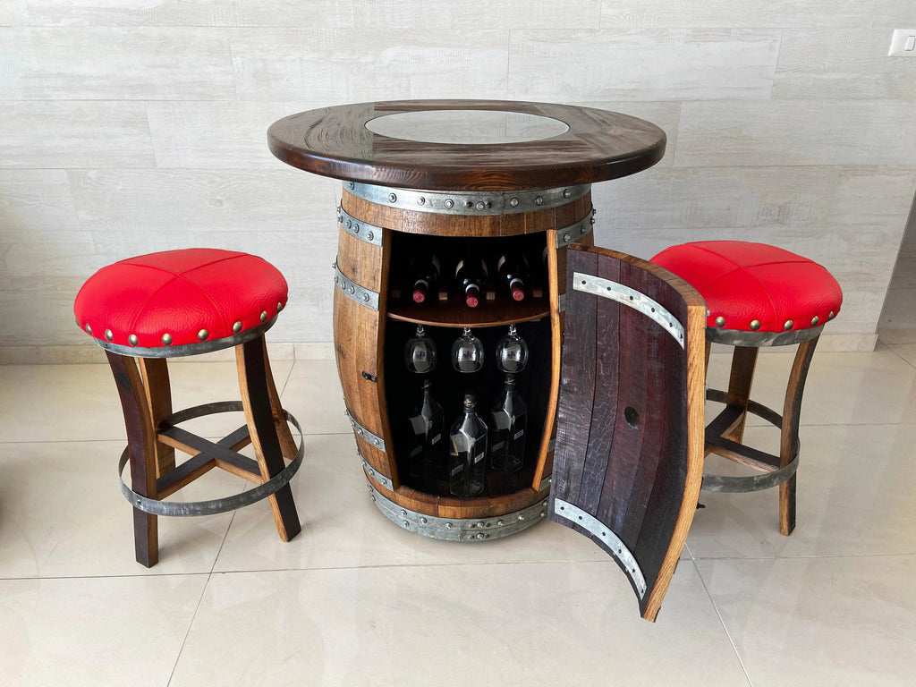 Whiskey & Wine Barrel Pub Set — Limited Colorways, Glass Top, Cabinet Storage