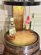 Load image into Gallery viewer, Motorized Pop Up Bourbon Barrel Cabinet.  Remote control &amp; LED lighting.  Works with Alexa and Google Home. Custom engraving available.