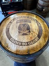 Load image into Gallery viewer, Motorized Pop Up Bourbon Barrel Cabinet.  Remote control &amp; LED lighting.  Works with Alexa and Google Home. Custom engraving available.