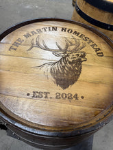 Load image into Gallery viewer, Motorized Pop Up Bourbon Barrel Cabinet.  Remote control &amp; LED lighting.  Works with Alexa and Google Home. Custom engraving available.