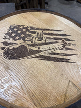 Load image into Gallery viewer, Motorized Pop Up Bourbon Barrel Cabinet.  Remote control &amp; LED lighting.  Works with Alexa and Google Home. Custom engraving available.