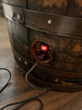 Load image into Gallery viewer, Motorized Pop Up Bourbon Barrel Cabinet.  Remote control &amp; LED lighting.  Works with Alexa and Google Home. Custom engraving available.