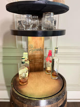 Load image into Gallery viewer, Motorized Pop Up Bourbon Barrel Cabinet.  Remote control &amp; LED lighting.  Works with Alexa and Google Home. Custom engraving available.