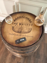 Load image into Gallery viewer, Motorized Pop Up Bourbon Barrel Cabinet.  Remote control &amp; LED lighting.  Works with Alexa and Google Home. Custom engraving available.