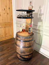 Load image into Gallery viewer, Motorized Pop Up Bourbon Barrel Cabinet.  Remote control &amp; LED lighting.  Works with Alexa and Google Home. Custom engraving available.