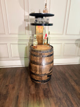 Load image into Gallery viewer, Motorized Pop Up Bourbon Barrel Cabinet.  Remote control &amp; LED lighting.  Works with Alexa and Google Home. Custom engraving available.