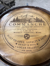 Load image into Gallery viewer, Motorized Pop Up Bourbon Barrel Cabinet.  Remote control &amp; LED lighting.  Works with Alexa and Google Home. Custom engraving available.