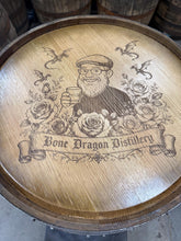 Load image into Gallery viewer, Motorized Pop Up Bourbon Barrel Cabinet.  Remote control &amp; LED lighting.  Works with Alexa and Google Home. Custom engraving available.
