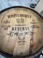 Load image into Gallery viewer, Motorized Pop Up Bourbon Barrel Cabinet.  Remote control &amp; LED lighting.  Works with Alexa and Google Home. Custom engraving available.
