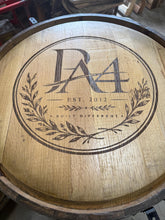 Load image into Gallery viewer, Motorized Pop Up Bourbon Barrel Cabinet.  Remote control &amp; LED lighting.  Works with Alexa and Google Home. Custom engraving available.